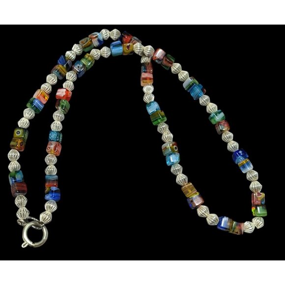 Millefiori Glass Cube And Silver Tone Beaded Necklace - Picture 1 of 6